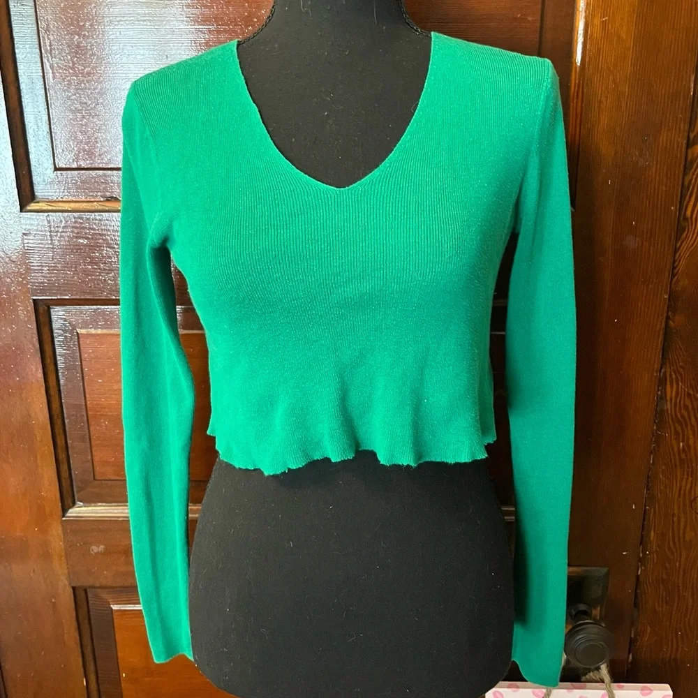 Banana Republic Cropped Green V-Neck Sweater - Picture 1 of 6